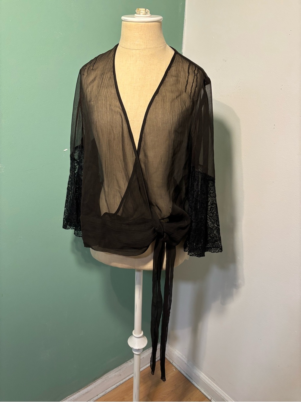 Vintage 1920’s Sheer Black Silk Tie-Front Women's Jacket Angel Sleeves